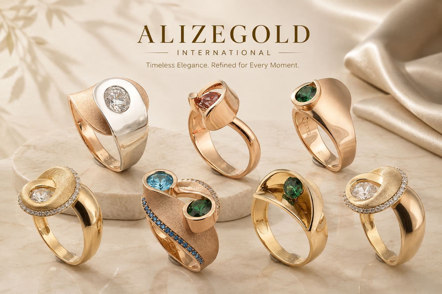 Seven sculptural gold cocktail rings with coloured gemstones on warm marble